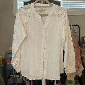 Nicole Miller Artelier Large White Gauzy Top Eyelet Embroidery Cotton
